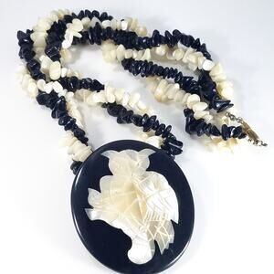 Vintage Mother of Pearl Owl Pendant Necklace Black Lucite & Shell Beads 1970s
